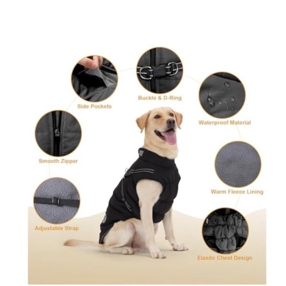 JoyDaog 4XL Winter Dog Jacket Waterproof Reflective Fleece Lined Harness Black - Picture 4 of 9